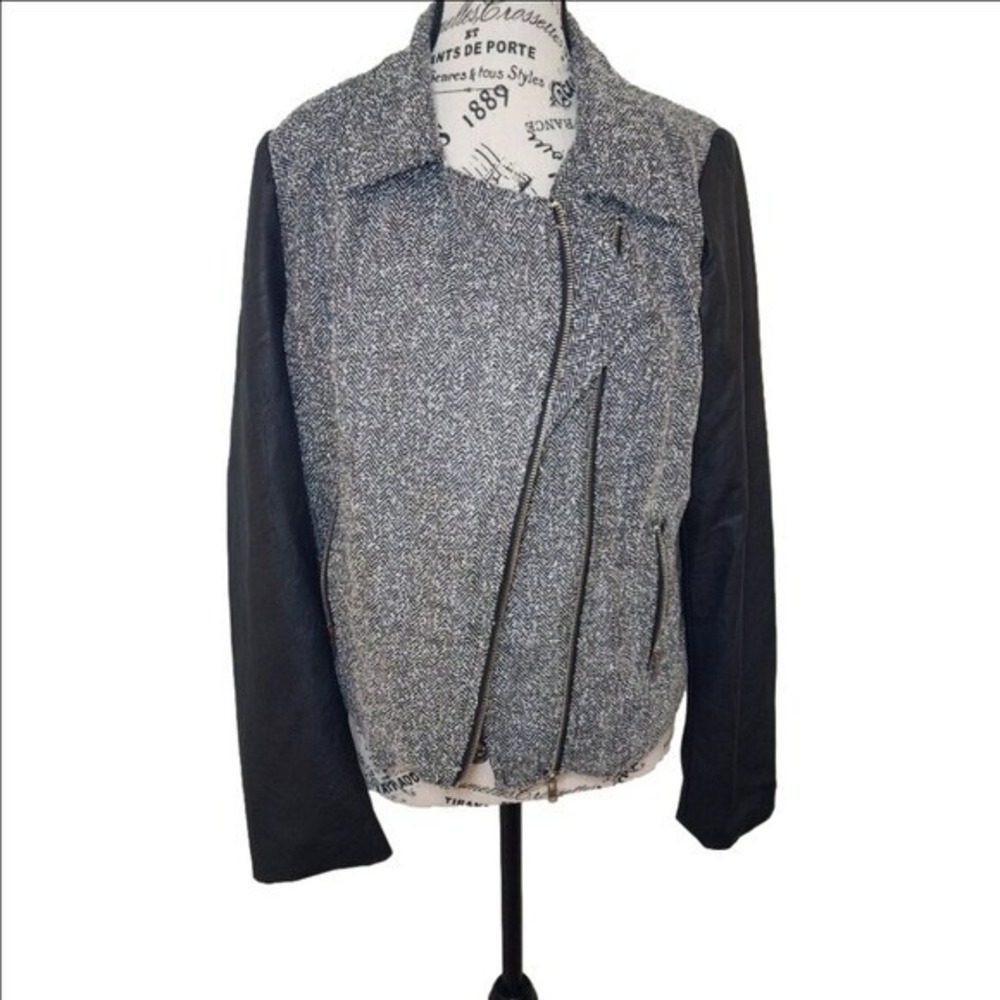 Daniel Rainn Gray Herringbone Tweed Moto Jacket Faux Leather Sleeves Size M